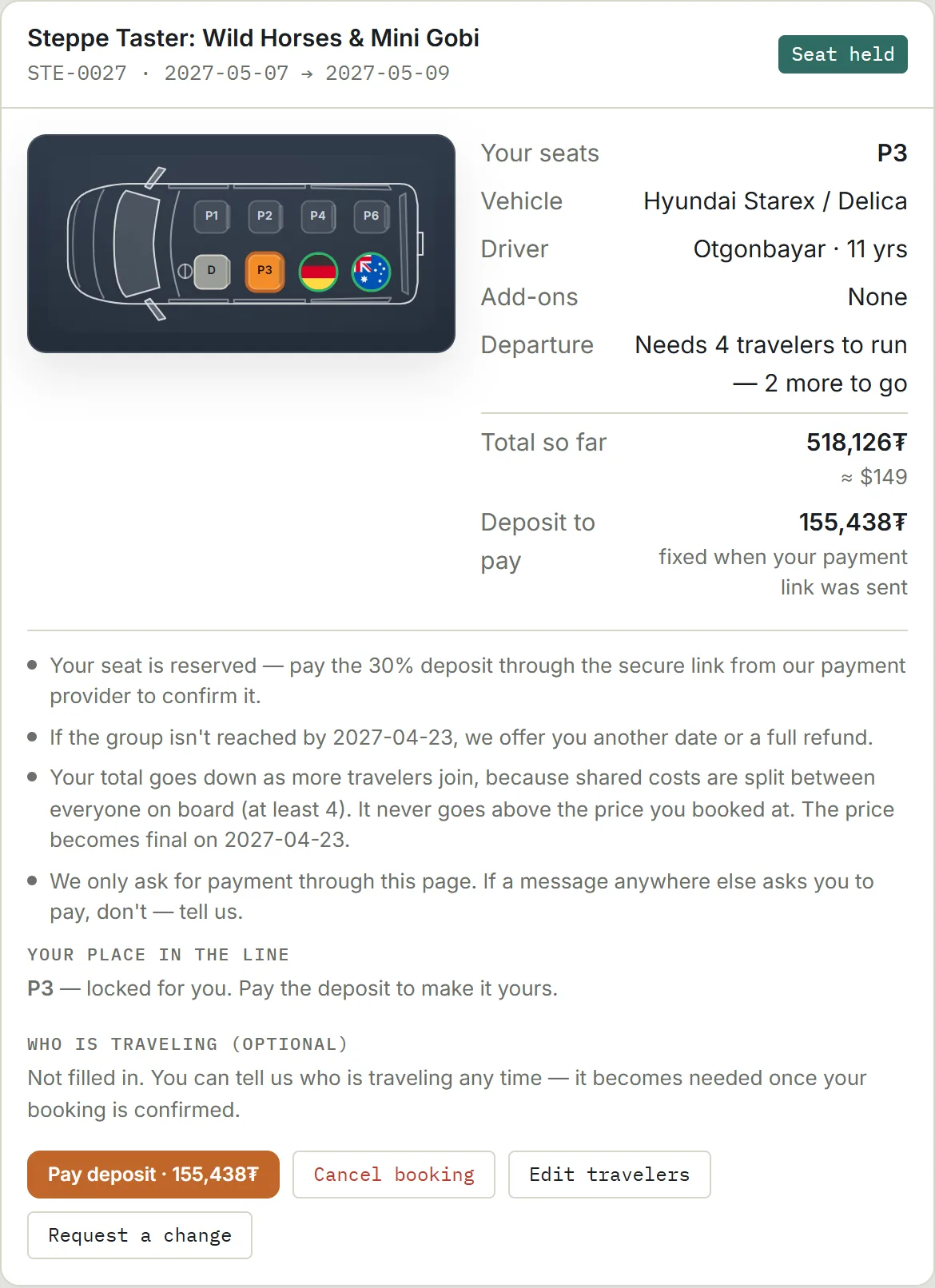 My desk: seat P3 held in the van, and the button Pay deposit · 155,438₮.