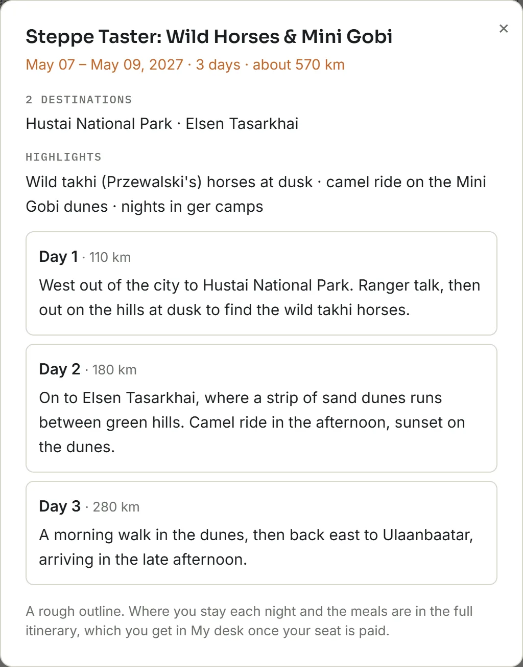 The route window: the trip's dates and length, and what happens on each day with the distance driven.
